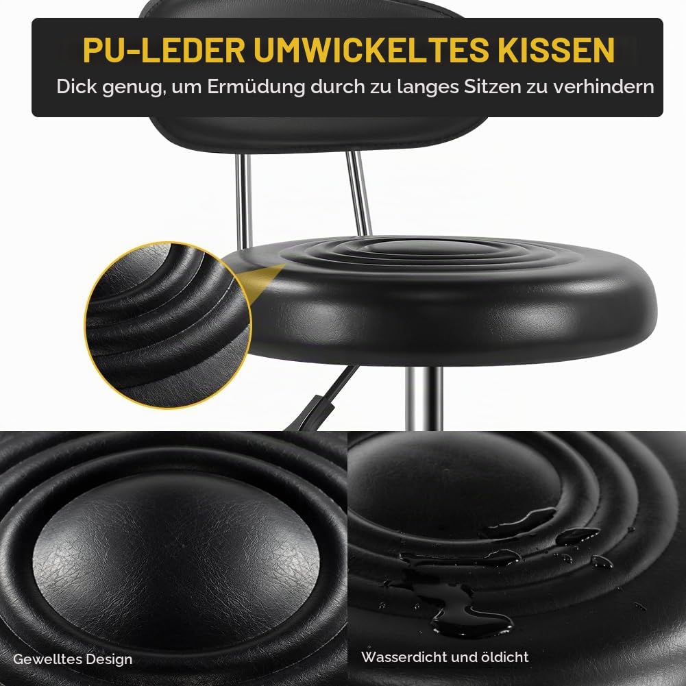 WKWKER Rollhocker mit Rädern Drehhocker mit höhenverstellbarer Rückenlehne PU-Leder-Rollhocker, ideal für SPA-Salon, Home-Office-Zeichenarbeiten (Schwarz)