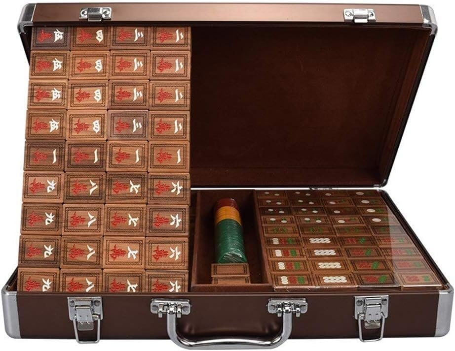 Juego de Mahjong con Estuche de Madera, Juego Tradicional Chino for Viajes, Ocio y Familia(Red White B)