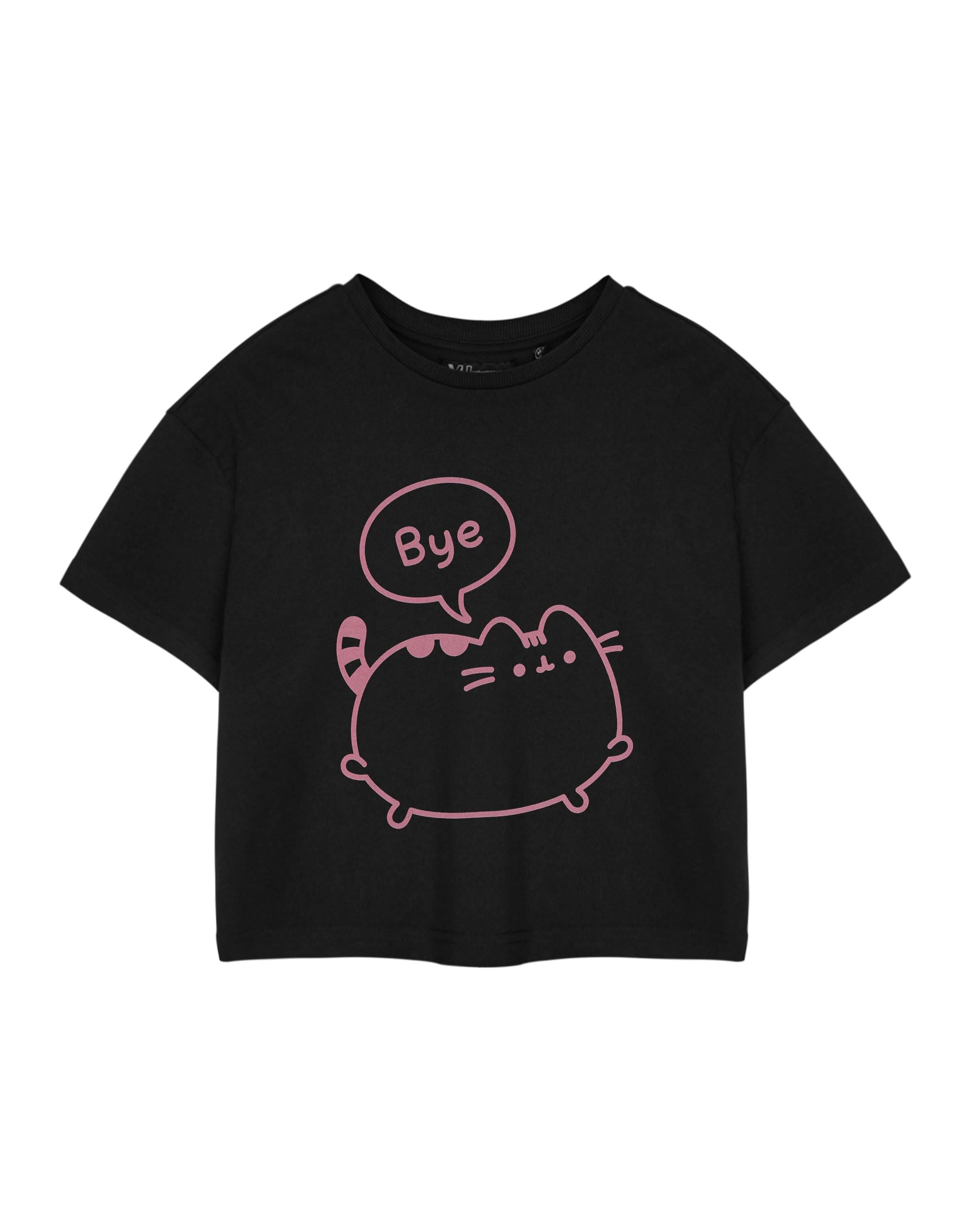 Pusheen Women's Black Cropped T-Shirt | Bye Bye Graphic Tee | Short-Sleeved Top for Ladies | Cute Internet Cat Apparel | Stylish Casual Wear for Women & Teens