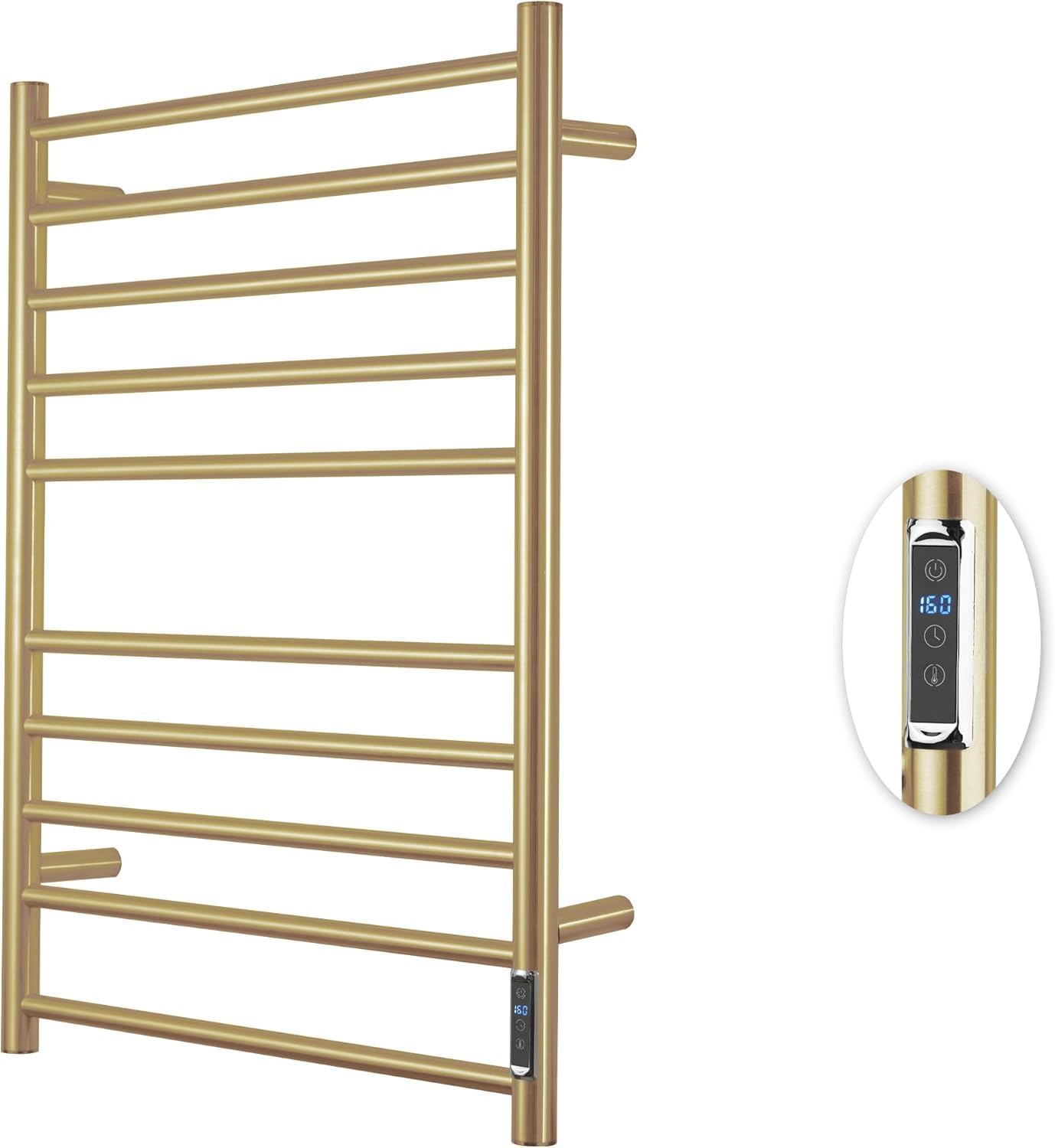 Wall Mounted Electric Towel Warmer Racks with Timer & Temperature Control, 10 Bar Stainless Steel Towel Heater for Bathroom，Brushed Gold Hardwire Kit
