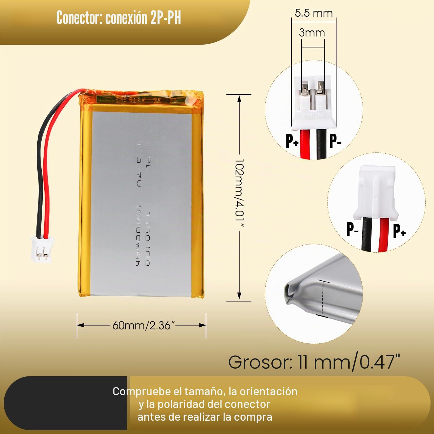 Batería LiPo 3,7V 10000mAh 1160100 con cable JST – Batería de polímero de litio recargable para altavoces Bluetooth, proyectos DIY y dispositivos electrónicos