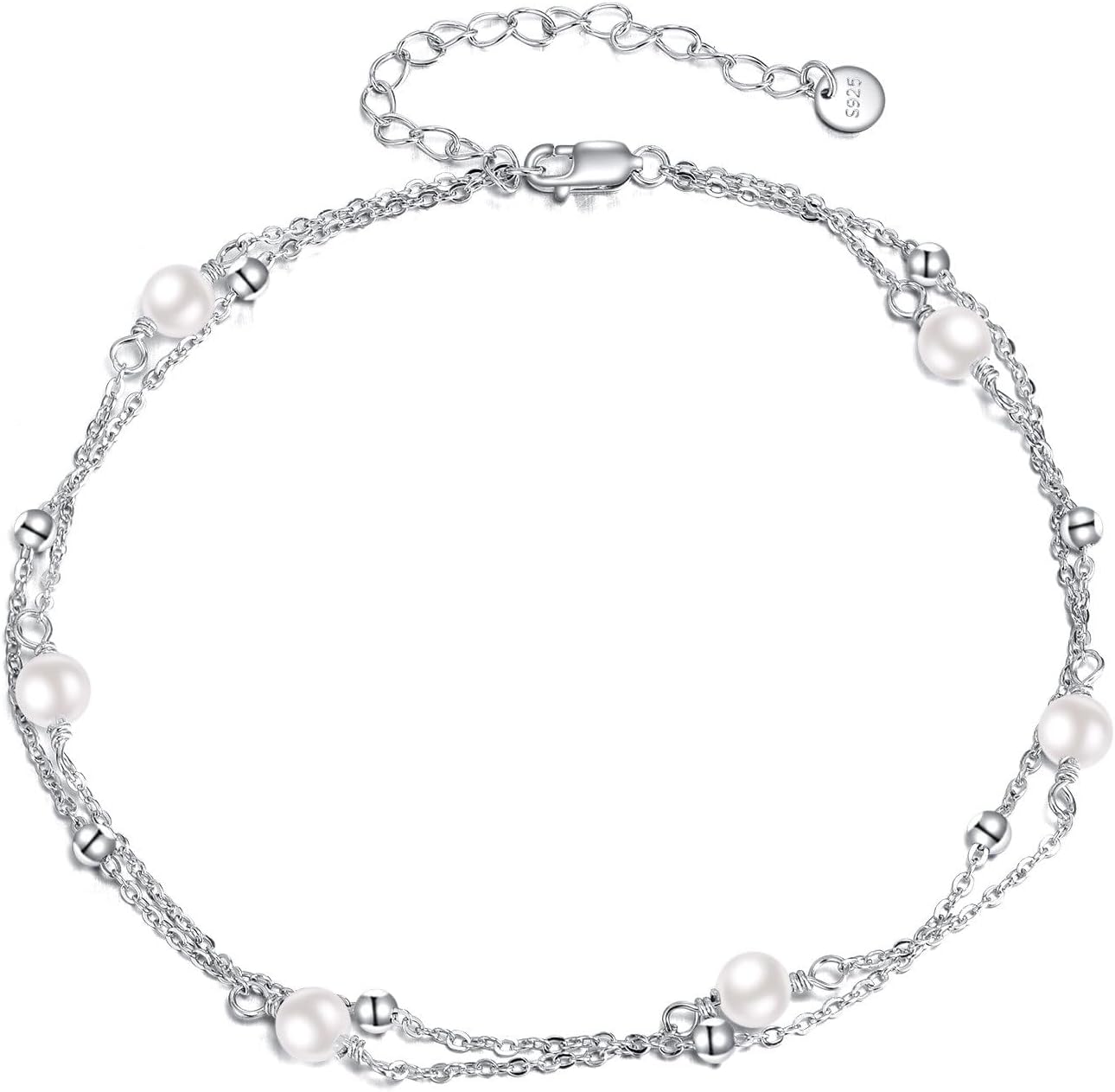 CRMAD Pearl/Moonstone/Larimar/Turquoise/Opal/Black Onyx Bracelet Anklet for Women Sterling Silver Beach Jewelry Gift for Women