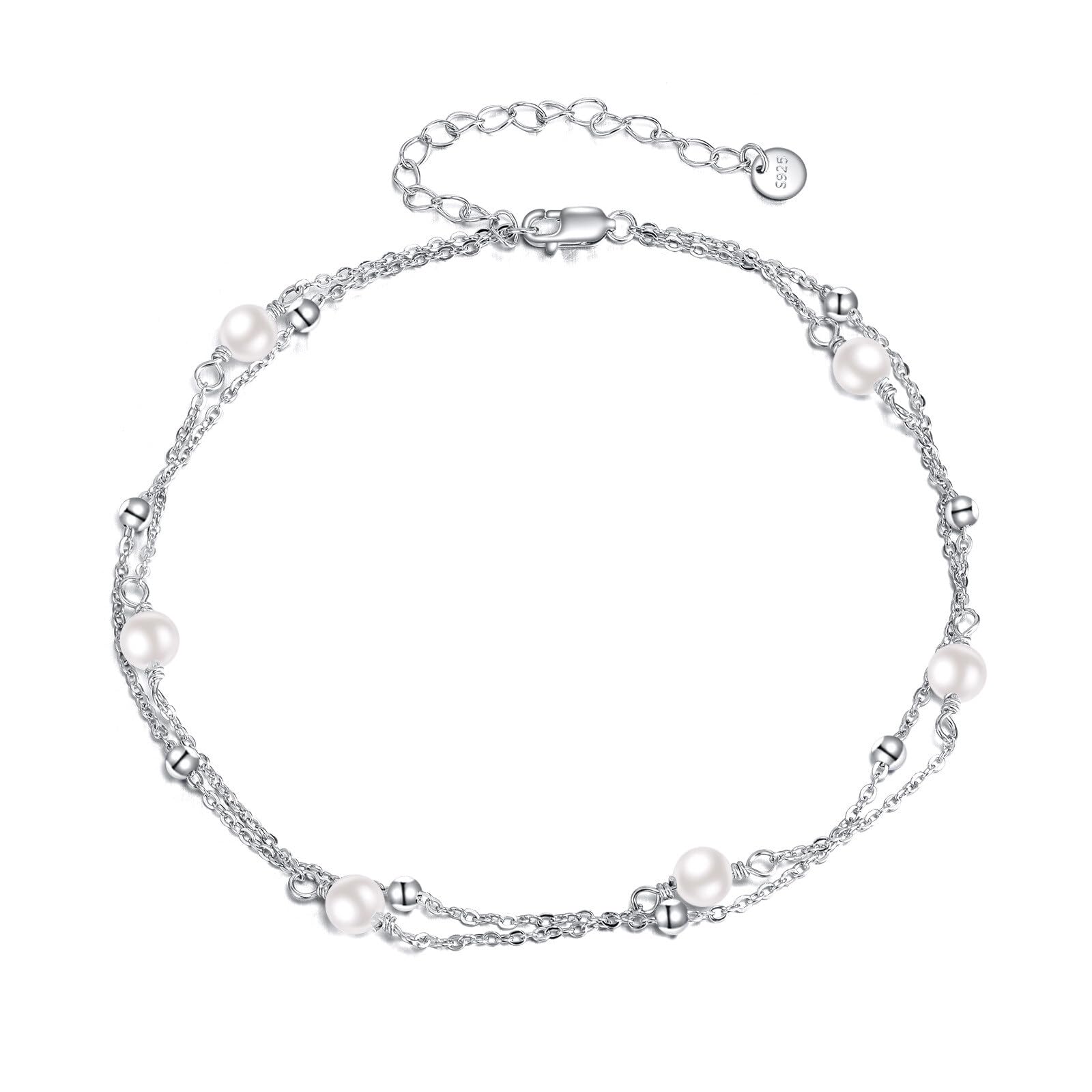 CRMAD Pearl/Moonstone/Larimar/Turquoise/Opal/Black Onyx Bracelet Anklet for Women Sterling Silver Beach Jewelry Gift for Women