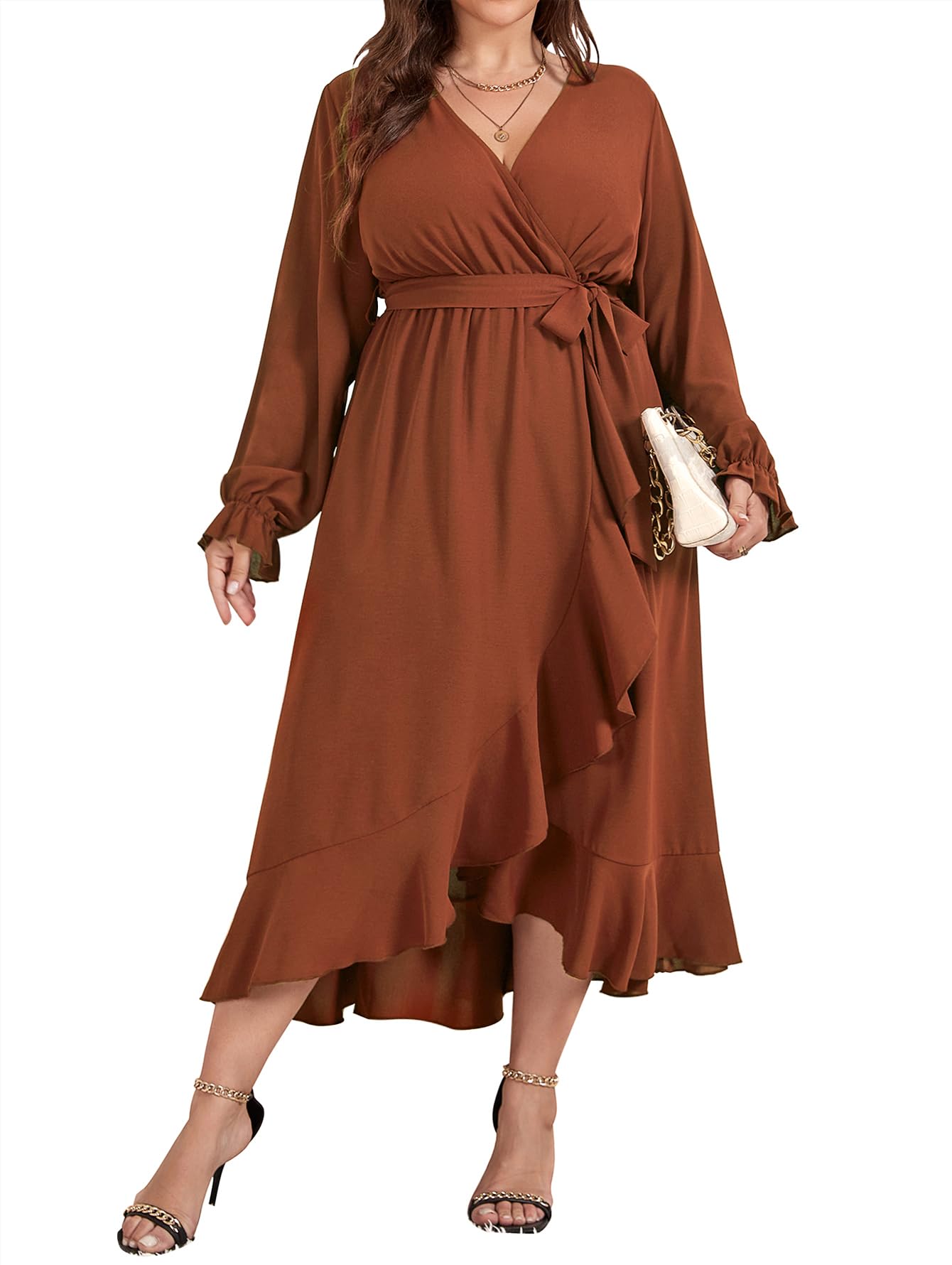 SCOMCHIC Women Plus Size Formal Dresses Fall Long Sleeve Faux Wrap V Neck High Low Ruffle Cocktail Wedding Guest Maxi Dress