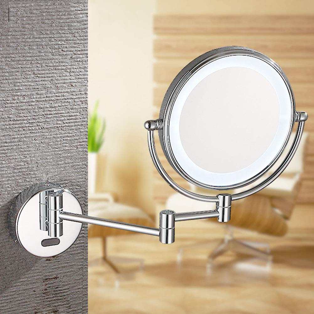 Espejo de Maquillaje, Espejo de maquillaje montado en la pared con aumento, espejo de tocador de baño de dos caras premium de 8 pulgadas con luz LED, giratorio de 360 grados, brazo extensible, redondo