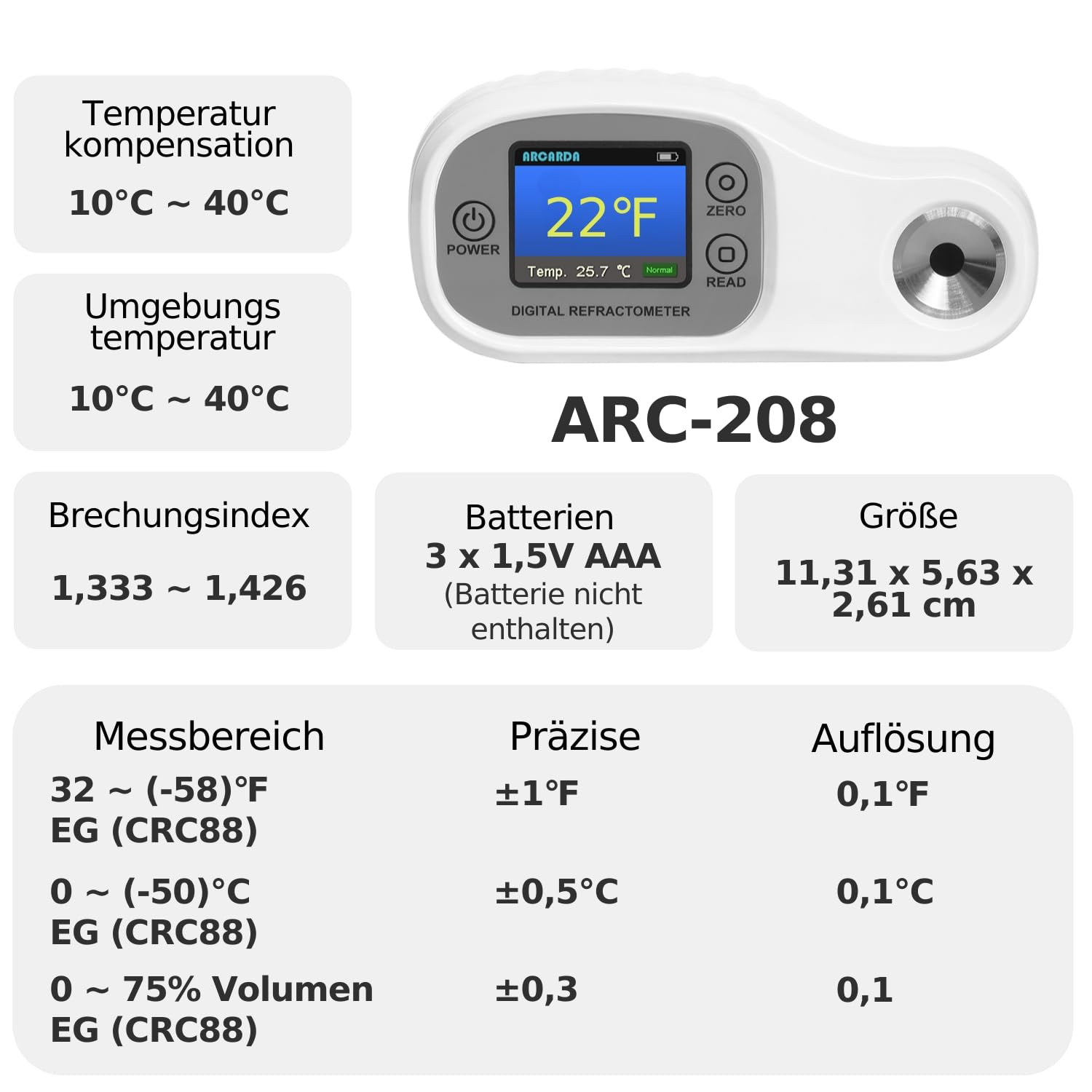 Digitales Refraktometer Frostschutz Refraktometer Frostschutz Messgerät Frostschutz Prüfgerät Frostschutzmessgerät ATC EG (CRC88) Gefrierpunkt 32 ~ (-58) °F, 0 ~ (-50) °C, EG (CRC88) 0~75% Volumen