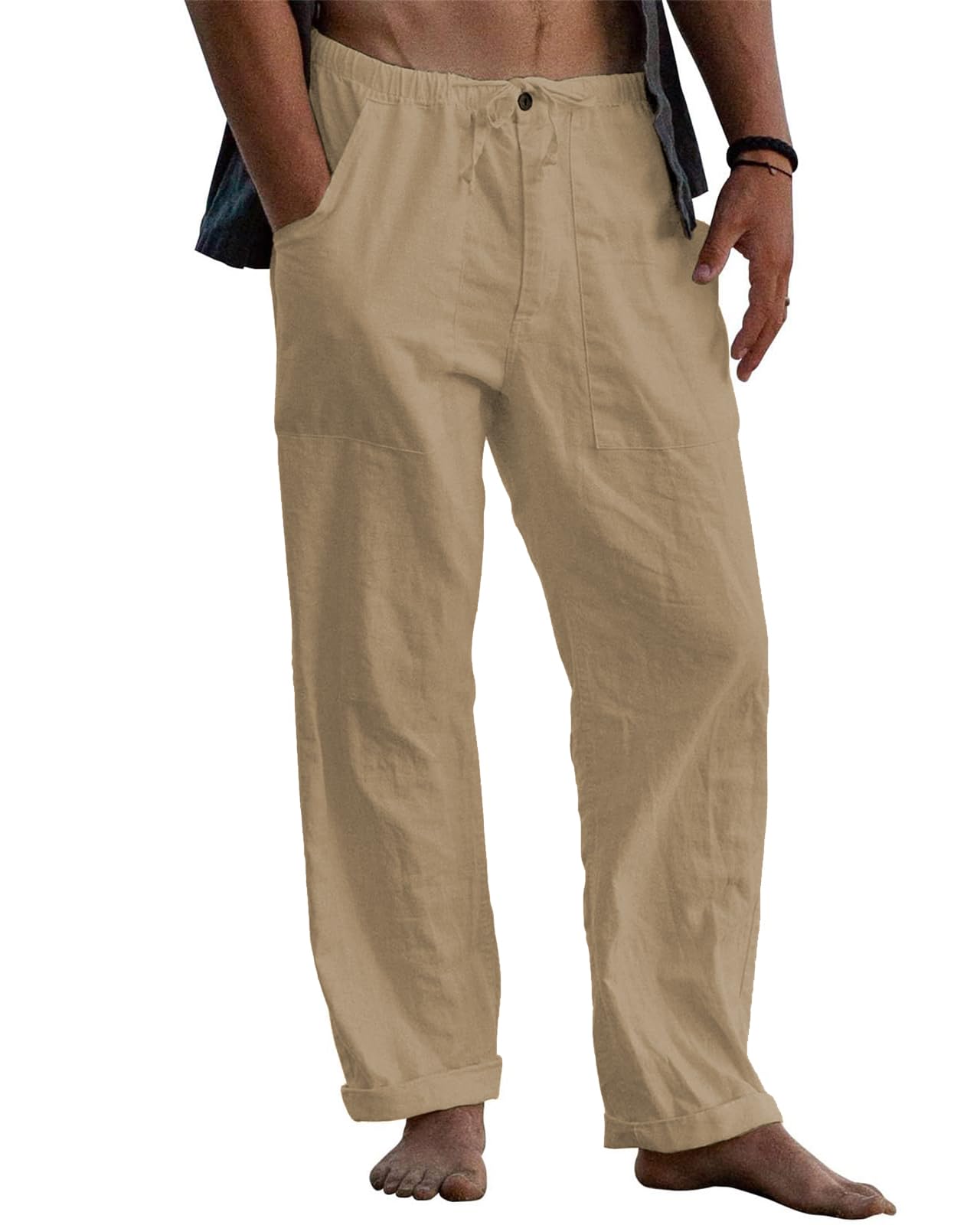 Mens Linen Pants Loose Fit Elastic Waist Drawstring Casual Summer Beach Pants with Pockets Trousers for Men