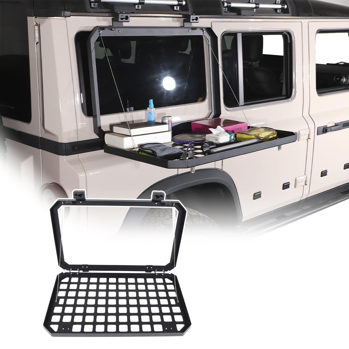 JONKOKO Alloy Black Car Rear Window Foldable Table Cargo Shelf Storage Tailgate Table Compatible with Ineos Grenadier 2020-2024 Side Window Protective Covers Accessories (Foldable Table)