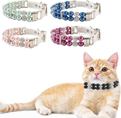 Miniatura 6 de Collar para gato, 1 collar para mascotas, collar de perlas artificiales con diamantes de imitación para gato, gargantilla ajustable para mascotas,