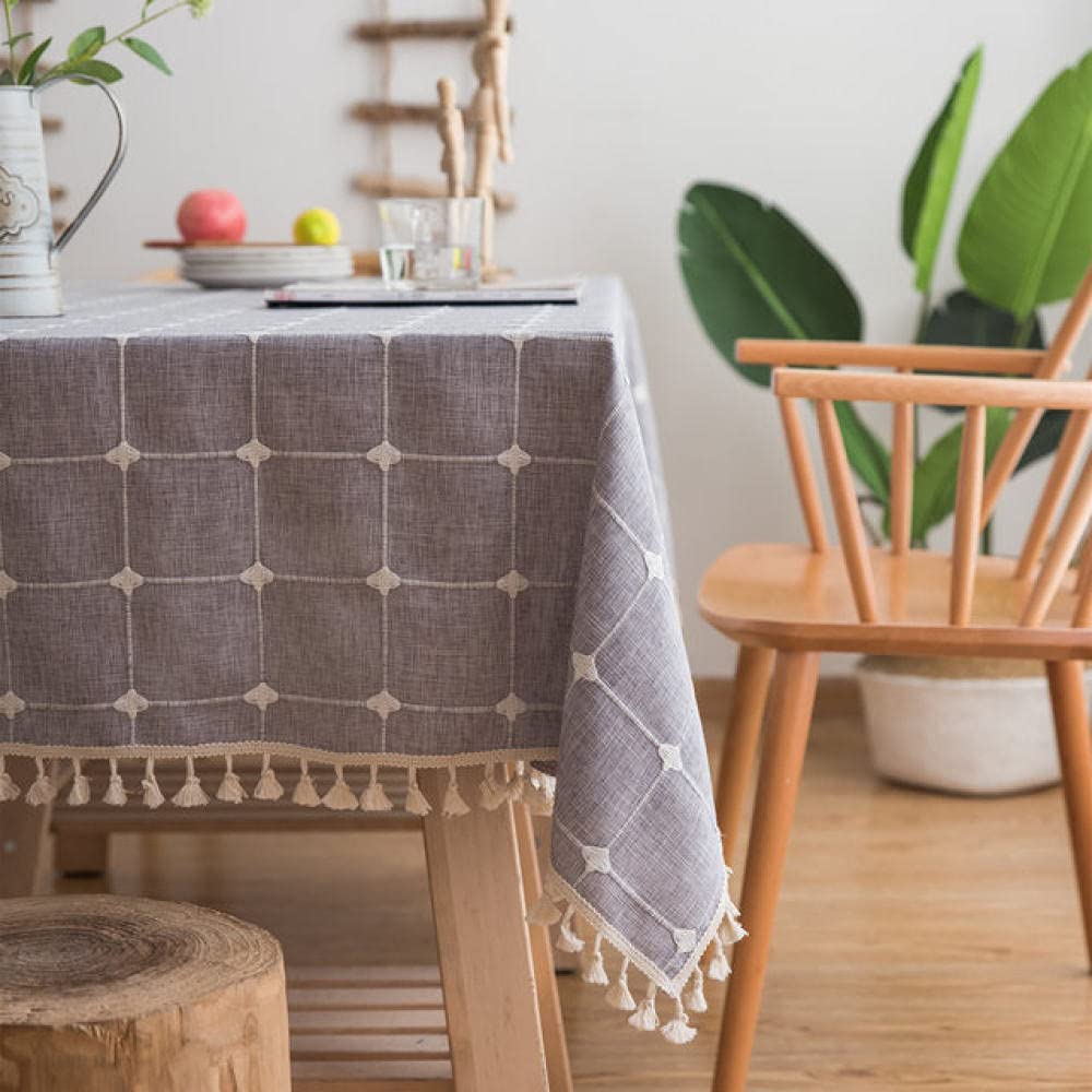 Nappe rectangulaire 140x140 cm en lin et coton gris à rayures roses