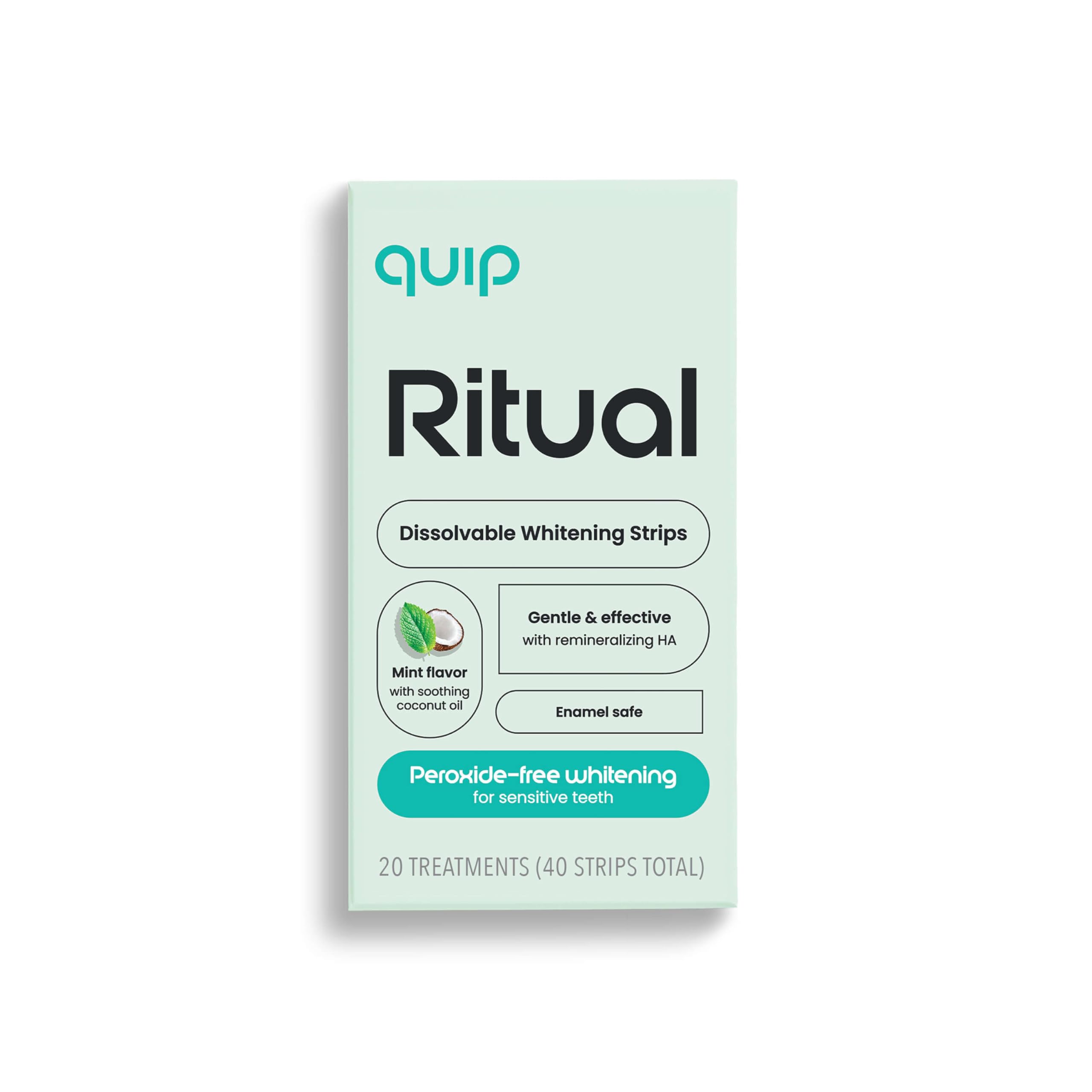 Ritual Dissolvable Teeth Whitening Strips, Peroxide-Free for Sensitive Teeth, Fast-Acting 15-Minute Whitening, Mint Flavor with Coconut Oil, 40 Strips (20 Treatments)