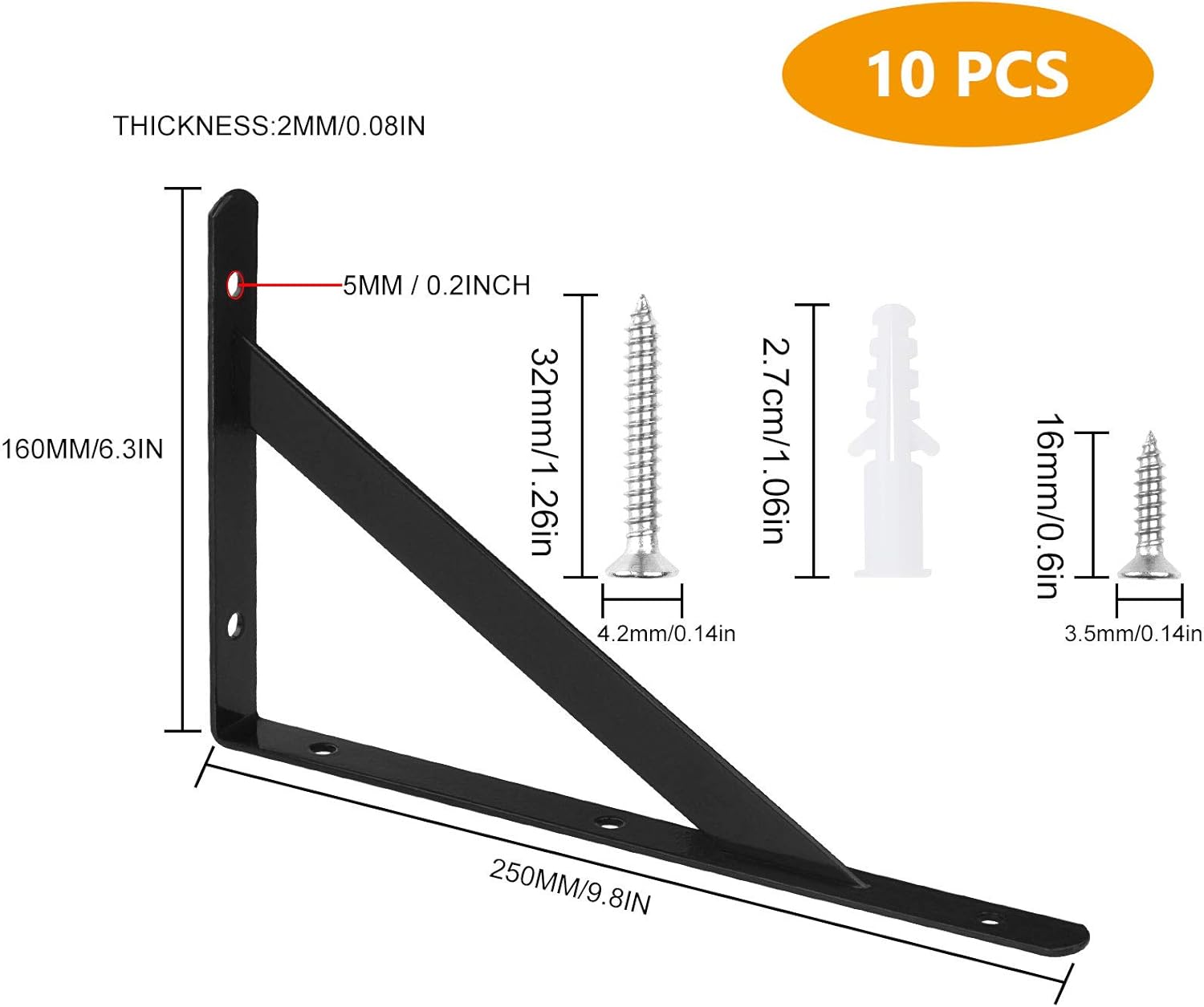 10 Pack Heavy Duty Shelf Brackets - 10 X 6 Inch Black Floating Shelving Brackets with 90 Degree Triangle - Shelf Support Bracket L Brackets with Screws for Shelves Wall Mount