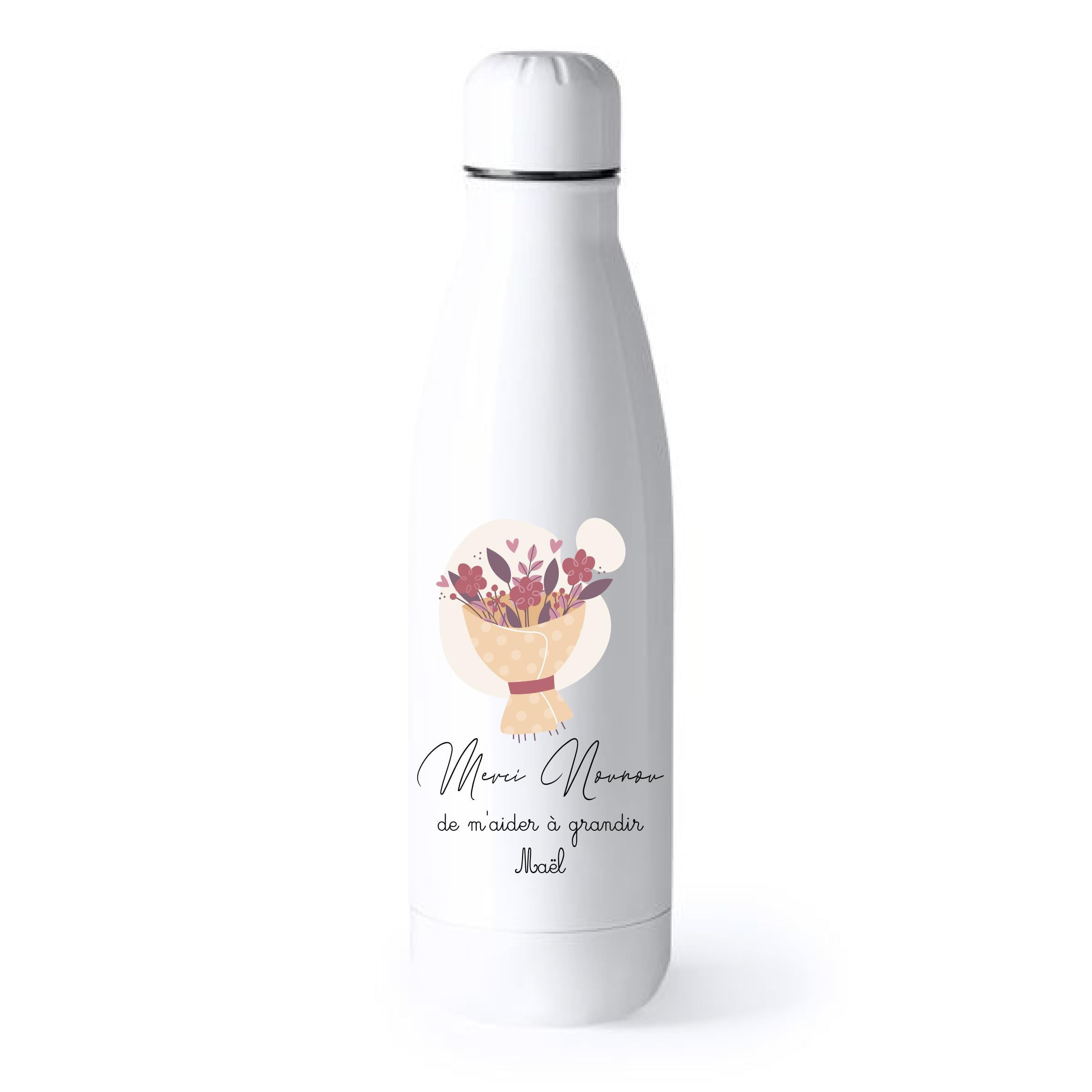 Gourde isotherme nounou 750 ml personnalisée – Merci Nounou de m’aider à grandir avec prénom enfant – Cadeau fin d’année original et pratique