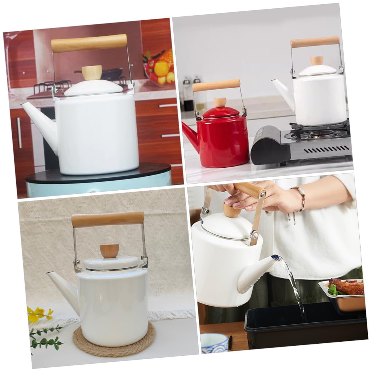 Tetera Esmaltada de 2,4 L Mango de Madera, Color Blanco