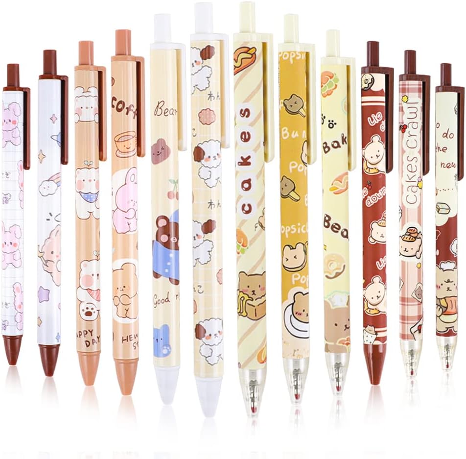SHAIDOJIO Pack of 12 Cute Cartoon Gel Pens, Retractable Black Ink 0.5 mm, Writing Smooth and Smooth, Kawaii Gel Pens for the Office, Home, School Accessories (D)