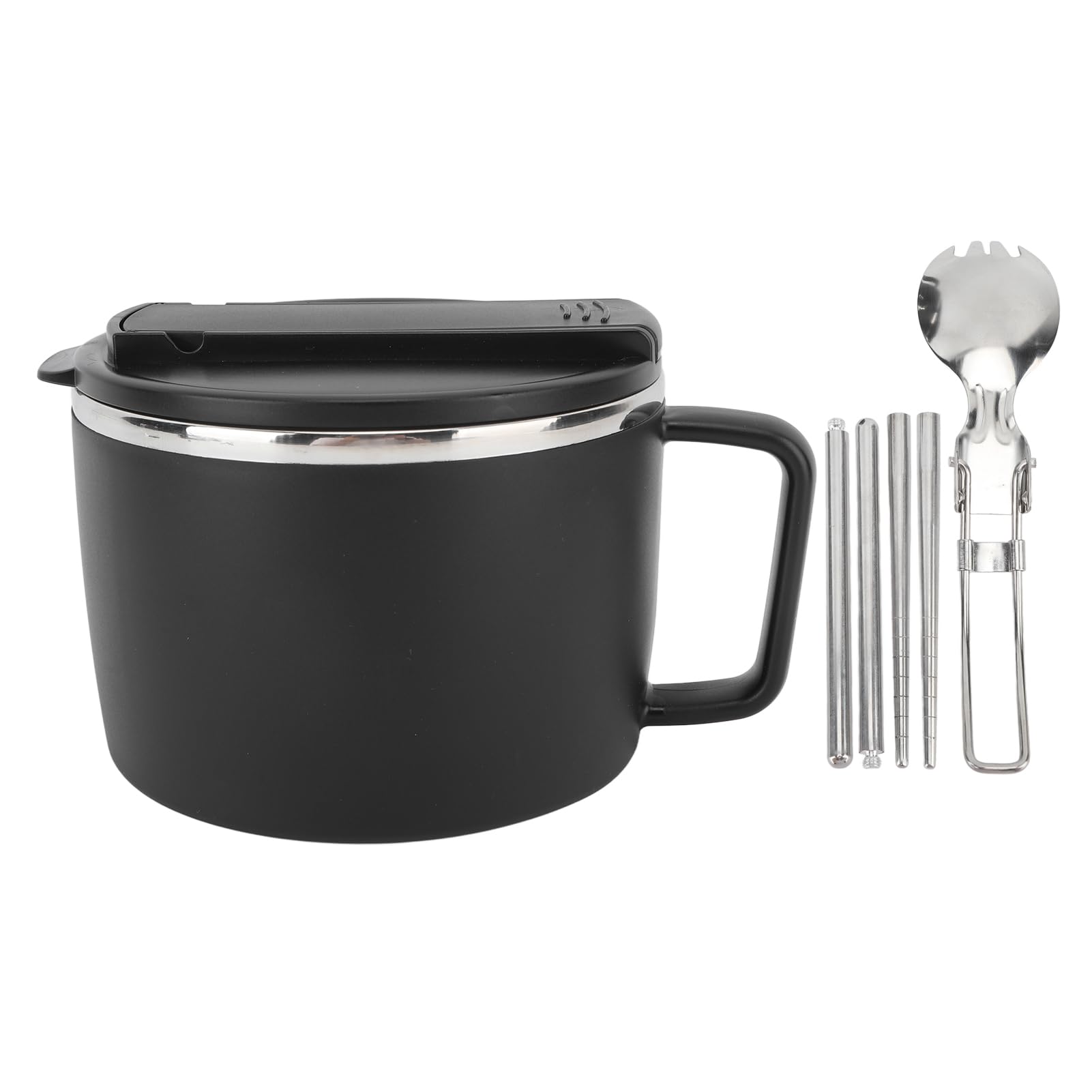 equlup Stainless Steel Instant Noodle Bowl, 304 1200ML Large Capacity Noodle Bowls with Lid Chopsticks Spoon Drainage Hole for Outdoor Hiking Camping Hiking