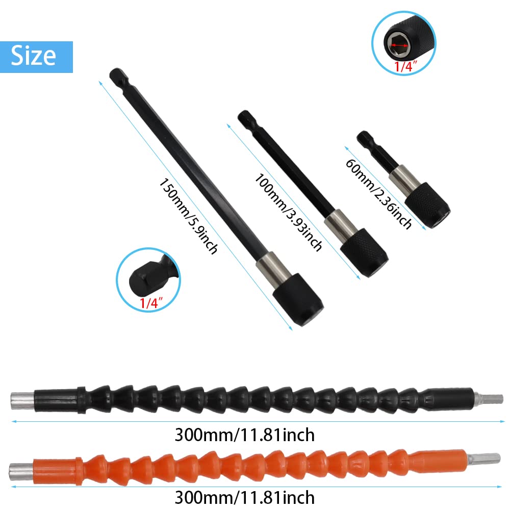 7 Pezzi Set di Punta da Trapano Adattatore con 2×Adattatore per Trapano ad Angolo Retto 105°3×Aste di Prolunga Esagonali da 1/4" 2×Prolunga Flessibile Avvitatore