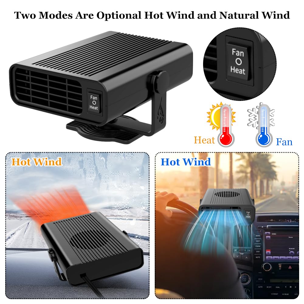 Ventilador calefactor para coche de 12 V [2 en 1: refrigeración y calefacción] - Deshumidificador y descongelador portátil para deshielo y desempañado rápidos - Para turismos, camiones y SUV