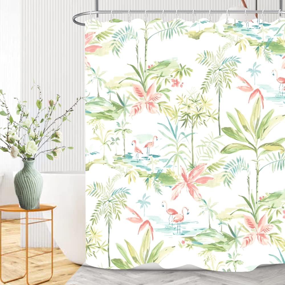 Yeele Tropical Shower Curtain Pink Flamingo Green Plants Leaves Watercolor Shower Curtains for Bathroom Oil Painting Lake Botanical Waterproof Artist Bathroom Decor with Hooks,72x84in