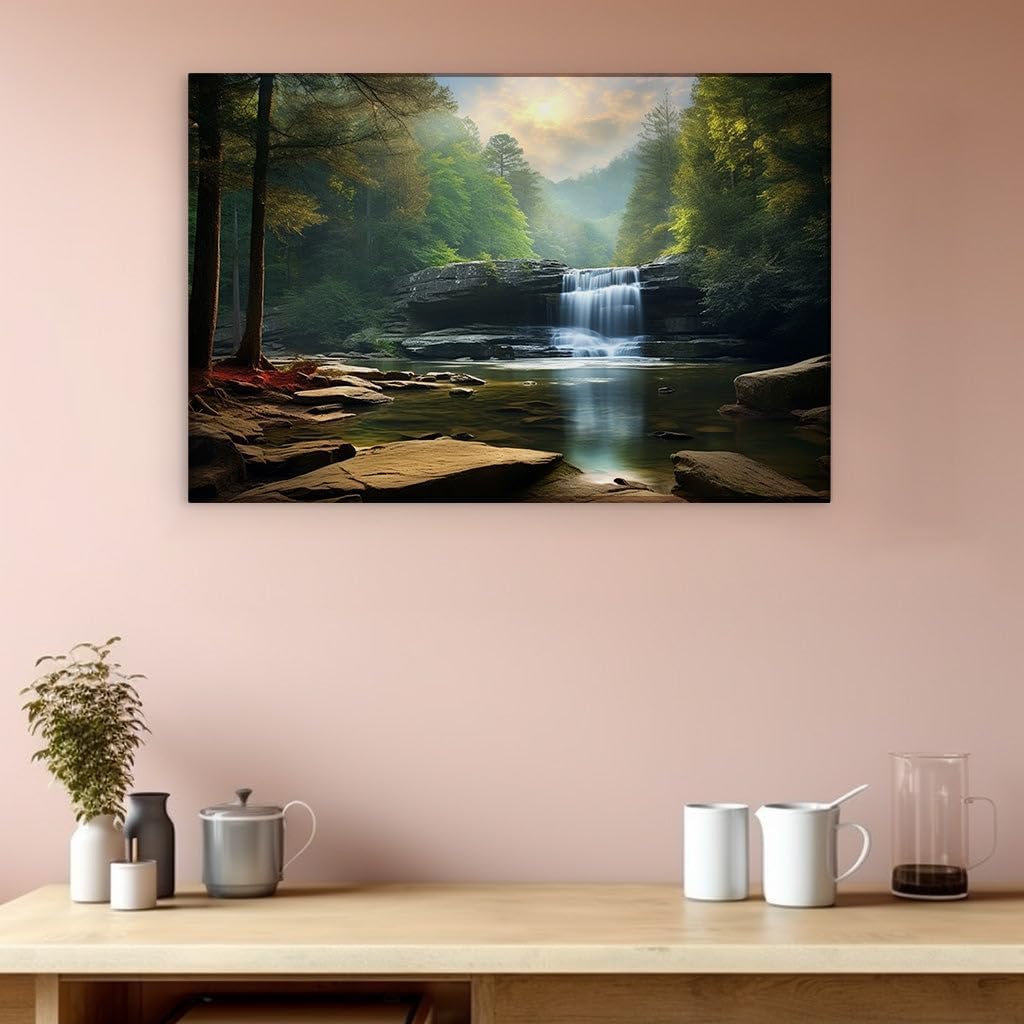 Canvas for Living room. Whispering Waters and Whispering Woods Embrace Serenity's Touch, 27 x 18 inch Canvas Wall Art - Ready to Hang