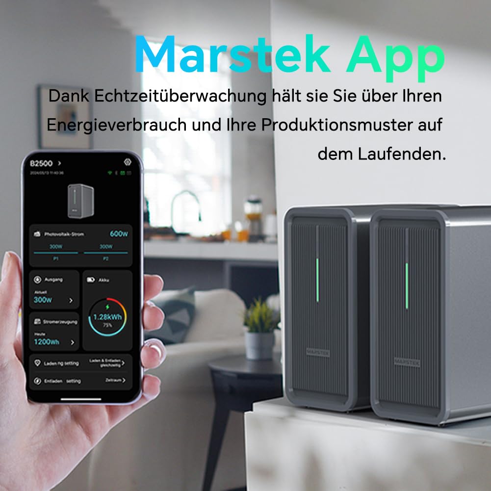 Marstek B2500 Balkonkraftwerk mit Speicher: 0% MwSt, 2240Wh LiFePO4 Solarbank Speicher, 2 MPPTs, 1600W Max. PV Solareingang & 800W DC-Ausgang, App-Steuerung, IP65, Plug&Play