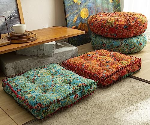 Vctops Boho Cotton Linen Square Chair Seat Cushions For Dining Kitchen Office Chairs Super Soft Printed Chair Pads With Pompom Fringe thumb #2
