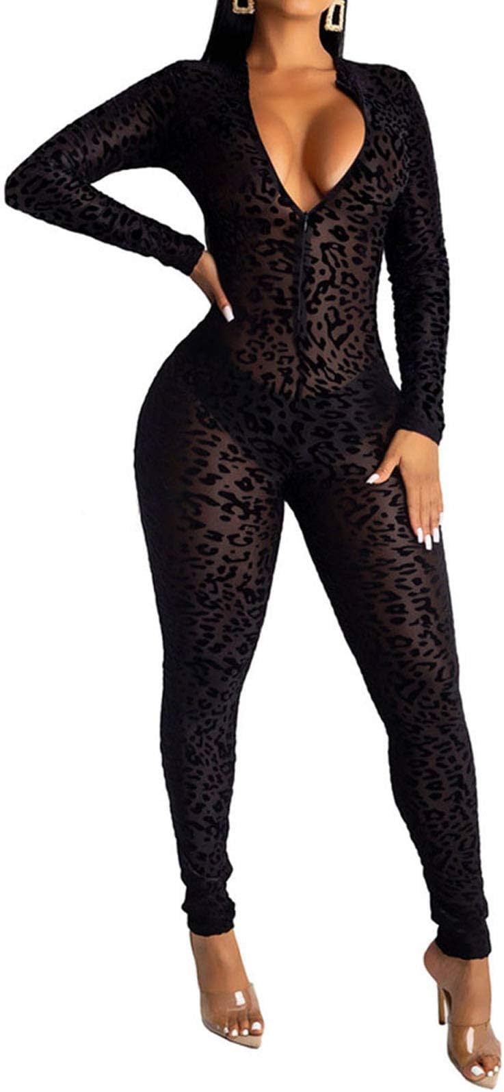 Women See Through Bodycon Jumpsuit - One Piece Deep V Neck Outfits Sheer Mesh Leopard Clubwear Jumpsuit Rompers