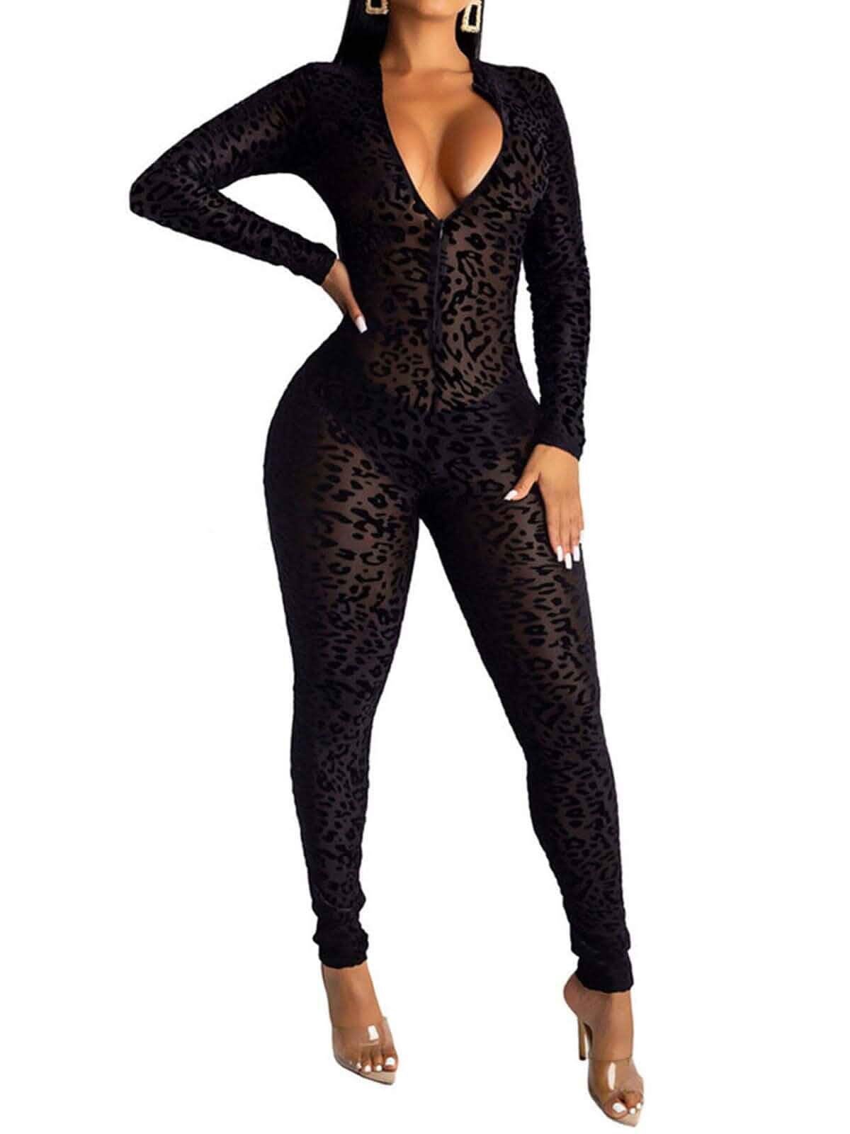 Uni Clau Women See Through Bodycon Jumpsuit - One Piece Deep V Neck Outfits Sheer Mesh Leopard Clubwear Jumpsuit RompersLong Sleeve · Slim