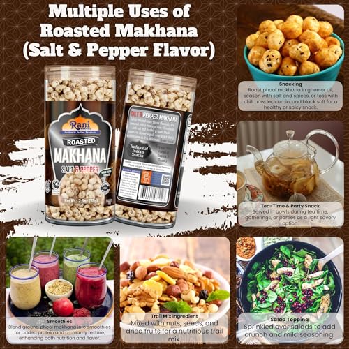Image of Rani Roasted Makhana (Fox Nut /Popped Lotus Seed) Salt & Pepper Flavor 2.6oz (75g) Ready to eat, Hand Picked Foxnuts ~ All Natural | Vegan | Gluten Friendly | NON-GMO | Kosher | Indian Origin