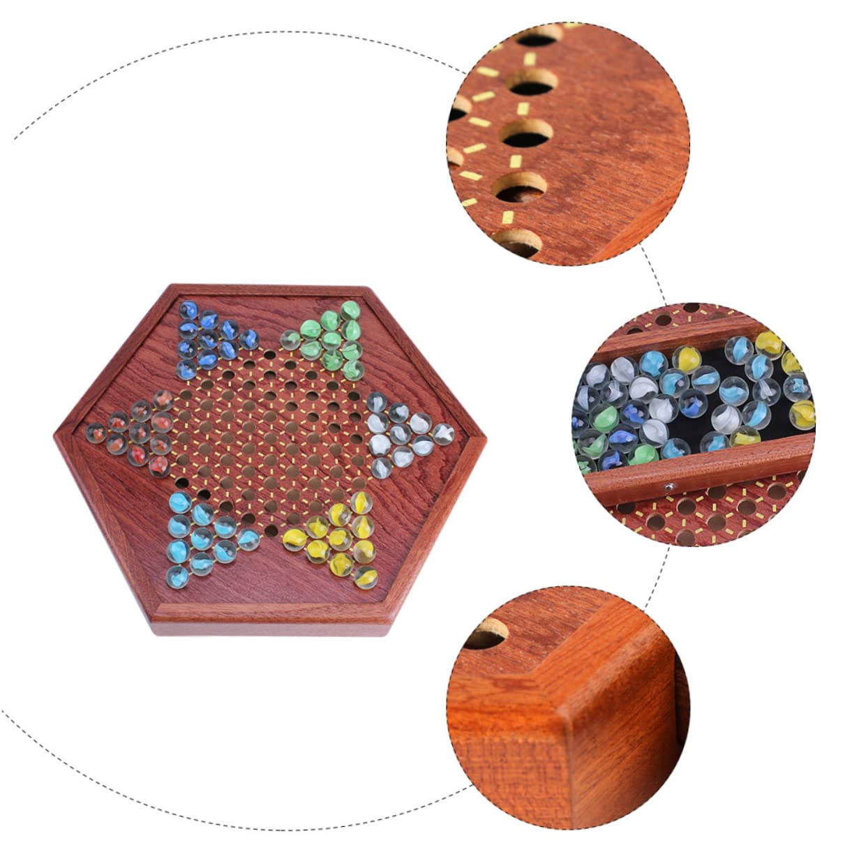Gioco di Biglie Chinese Checkers Esagonale in Legno | Tradizionale per Ragazzo Ragazza e Adulti, Cassetto Integrato, Tavola Marrone per Intrattenimento Familiare