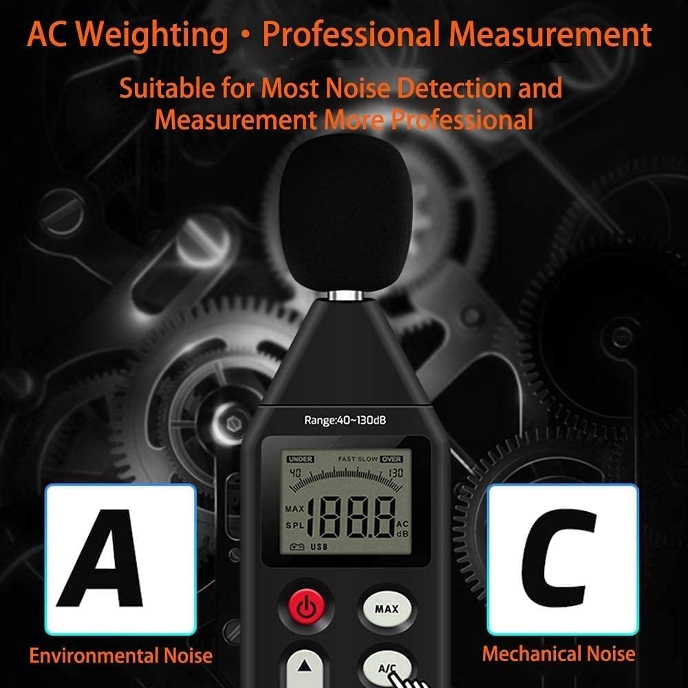 Sonómetro digital, rango de 40 a 130 dB, instrumento de medición de volumen de ruido, comprobador de monitoreo de decibelios autocalibrado.,Decibelímetro