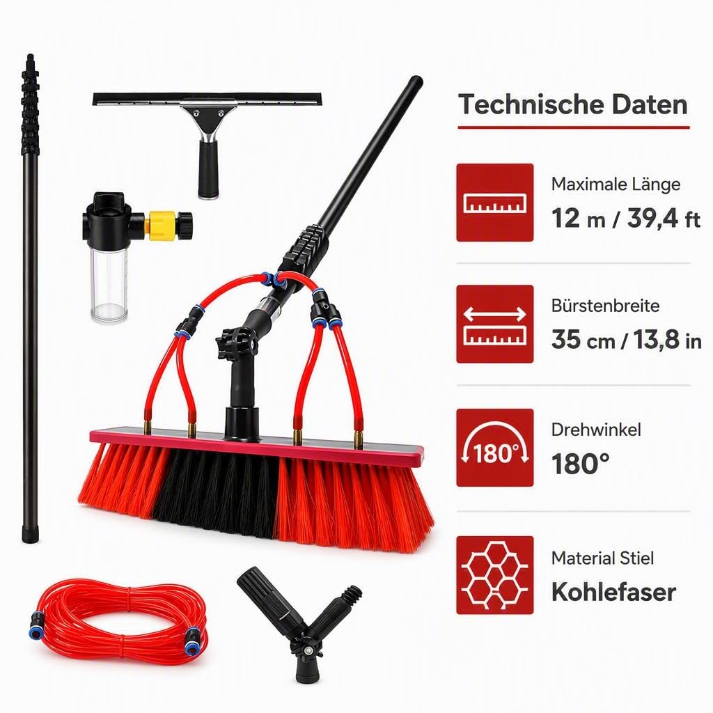 Carbonfaser Teleskopstange 12m Waschset, Fensterputzer für Dach & Auto