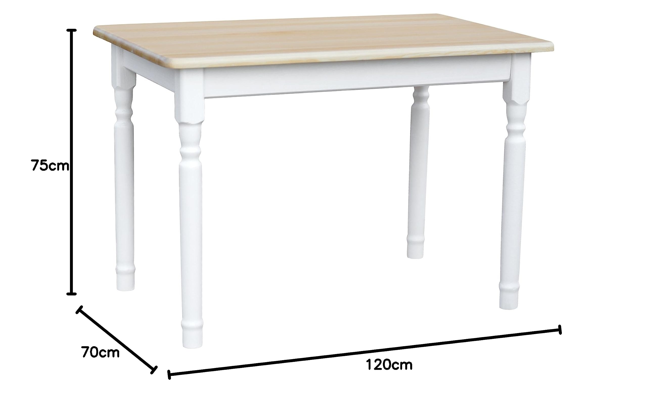 k koma Mesa de comedor de 120 x 70 cm de madera maciza de pino con tapa lacada, patas de mesa en color blanco, estilo rústico