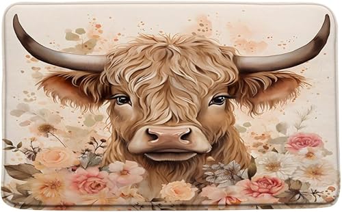 Miniatura 1 de WUASDCS Highland - Tapete de baño de vaca de moda, diseño de toro rosa, hojas florales, lindo ganado, acuarela, animal de campo, plantas, baño,