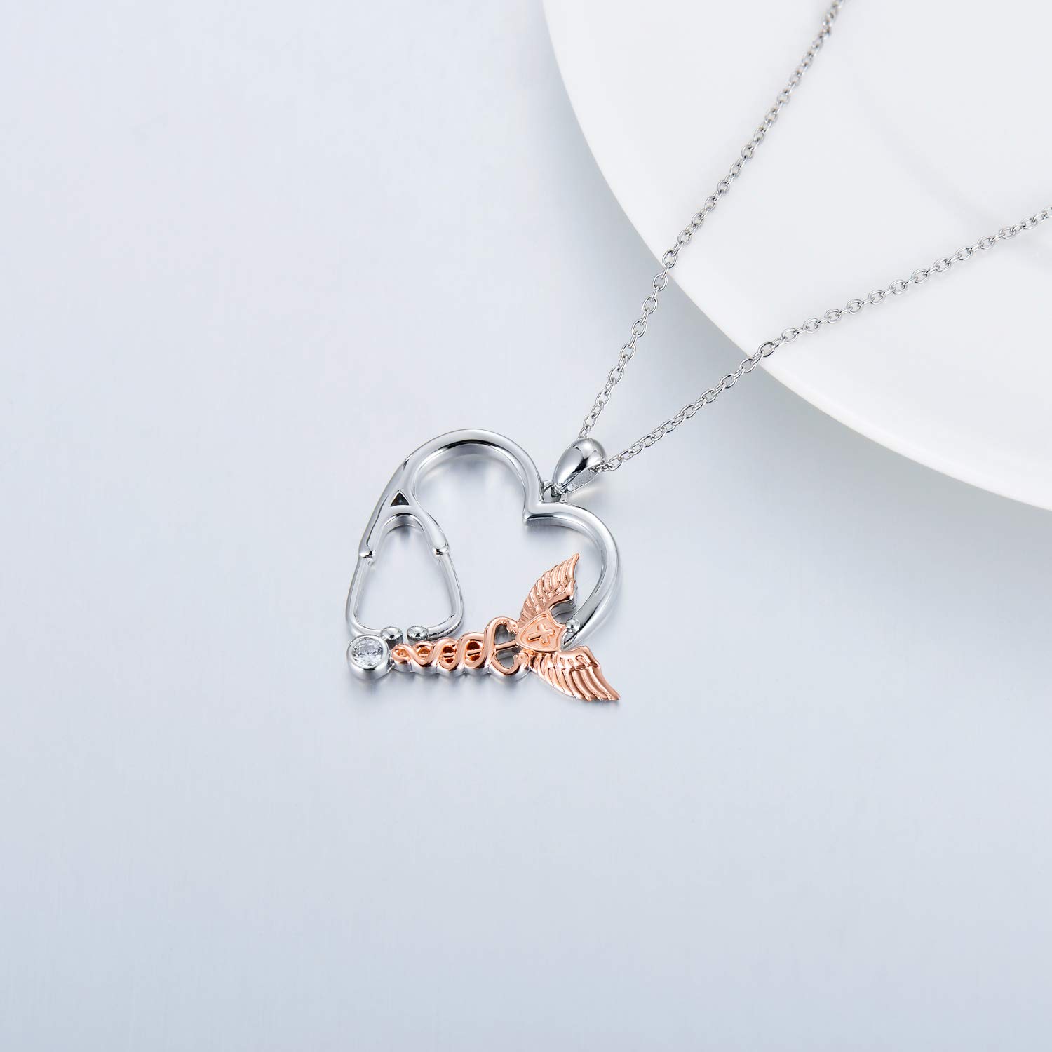 Silber Hermesstab Engel Anhänger Stethoskop mit Zirkonia Herzform Halskette Schmuck Dankeschön für Krankenschwester Ärzte Frauen Mädchen, 45,7 cm + 5,1 cm Kette
