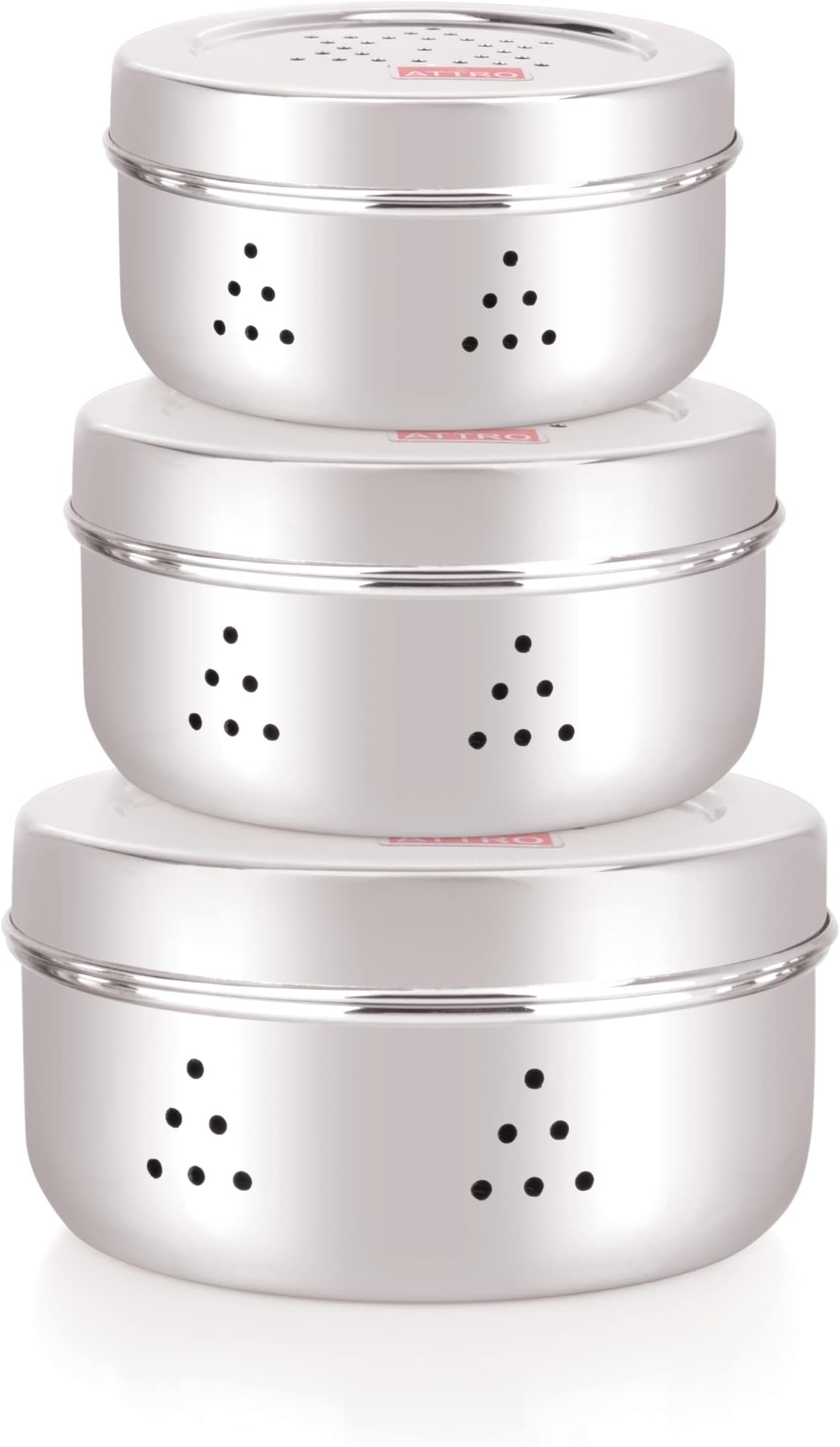 Attro Stainless Steel Hole Dabba With Air Ventilation, Food Storage Containers, Puri, Dhaniya, Sprout Maker, Dryfruits, Chocolates, Set Of 3 - Silver