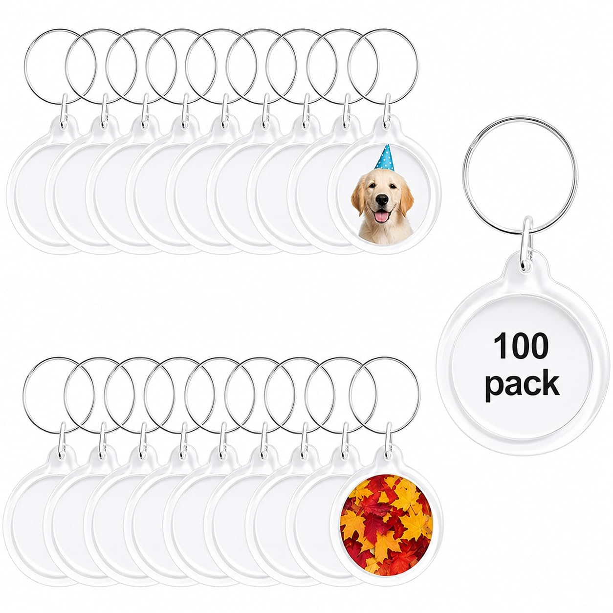 Photo 1 of 100pcs Circular Acrylic Keychain Blank, Round Clear Photo Keyring Insert for DIY Crafts, Transparent Picture Frame Holder for Wedding Bridal Party Favors & Small Business Branding