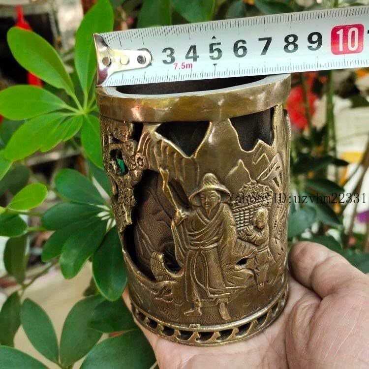 銅器 二重透かし彫りの筆箱 書道具 文房具 工芸品 美術品 置物 銅器