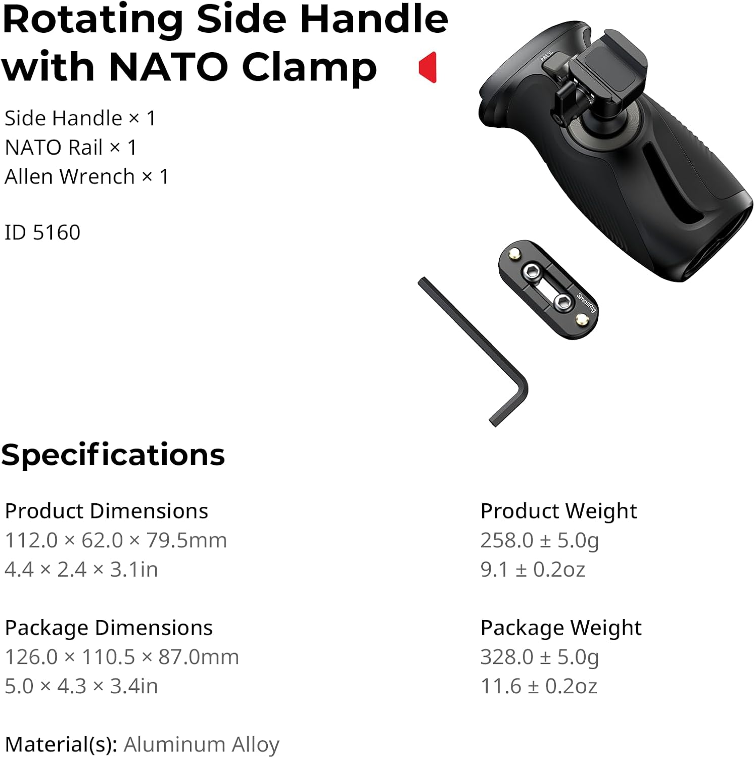 SMALLRIG Push-Button Rotating Side Handle with NATO Clamp, for Left and Right Hand, 360° Rotatable Side Handle with Anti-Slip Silicone, Max. Load 15Kg - Image 7