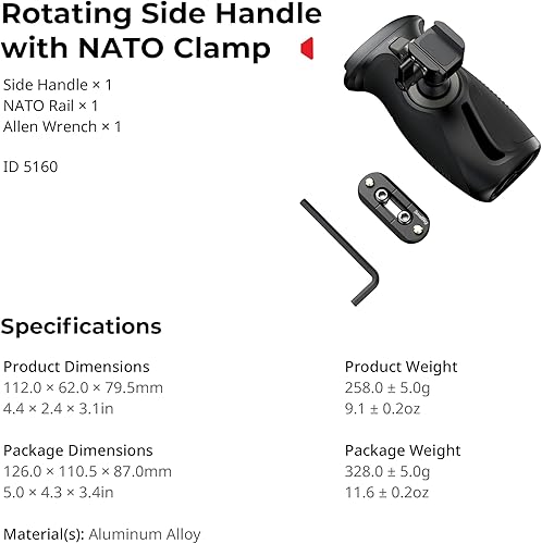 Miniatura 7 de SMALLRIG Mango lateral giratorio con botón de presión y abrazadera NATO, para mano izquierda y derecha, mango lateral giratorio 360 con silicona