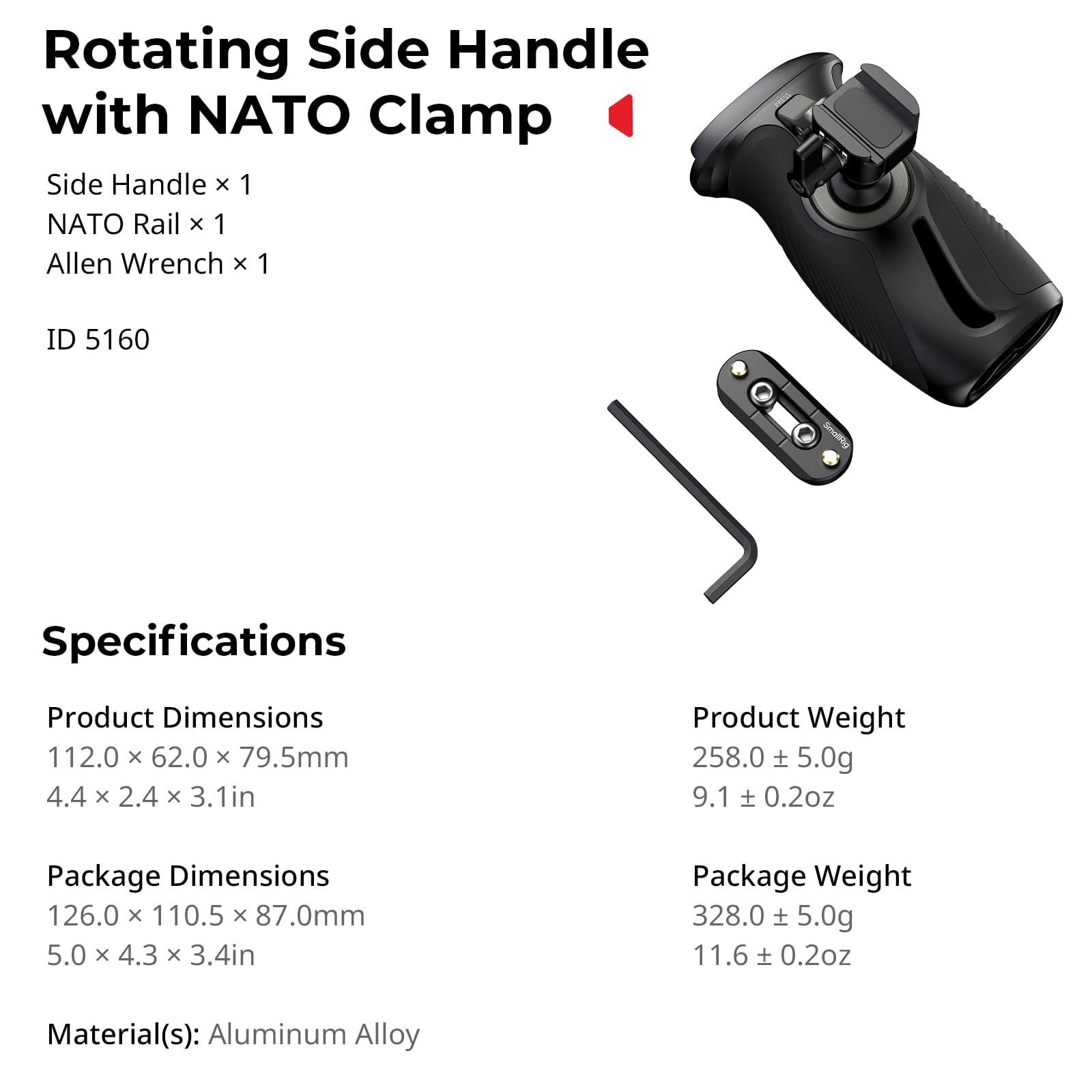 SMALLRIG Seitengriff mit NATO-Klemme 360° Drehbar Anti-Rutsch-Silikon 15kg 5160