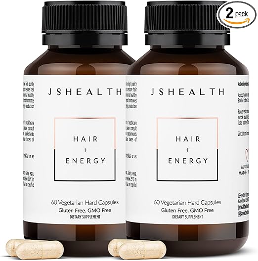 JSHealth Vitamins Hair + Energy Formula | Hair Vitamins for Women and Men with Iodine and Zinc | Supports Hair Strength, Energy Levels, and Healthy Hair Maintenance (60 Capsules Pack of 2)