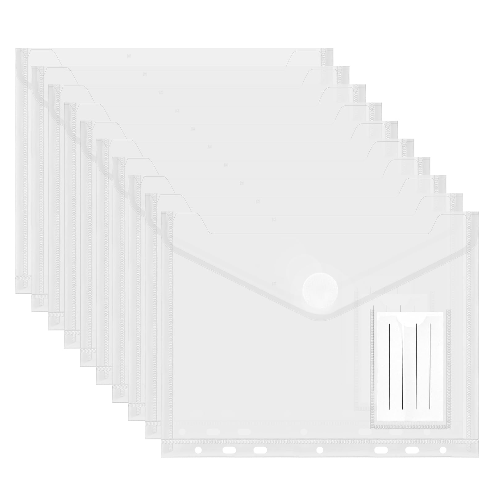 Pack 10 Carpetas Sobre Plástico A5 con Botón y Etiquetas, 23x18cm Bolsas Archivadoras Transparentes Impermeables Ideales para Oficina, Escuela y Organización de Documentos (7 Agujeros)
