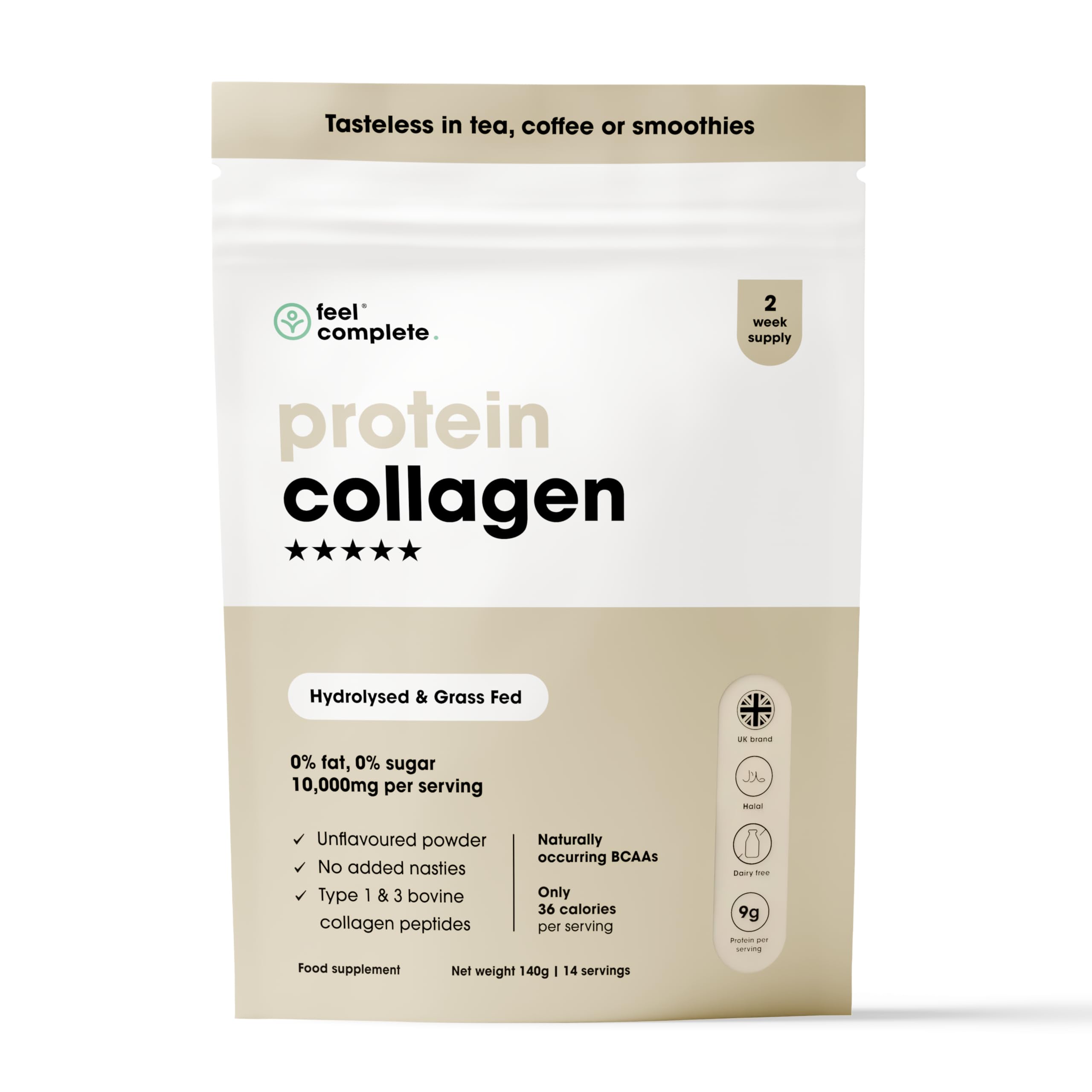 Feel Complete | High Protein Collagen | No Sugar, No Sweeteners | Unflavoured | Grass Fed & Hydrolysed | Premium Type 1 & 3 Bovine Peptides | Halal | Skin, Hair & Nails | 140g | 14 Servings