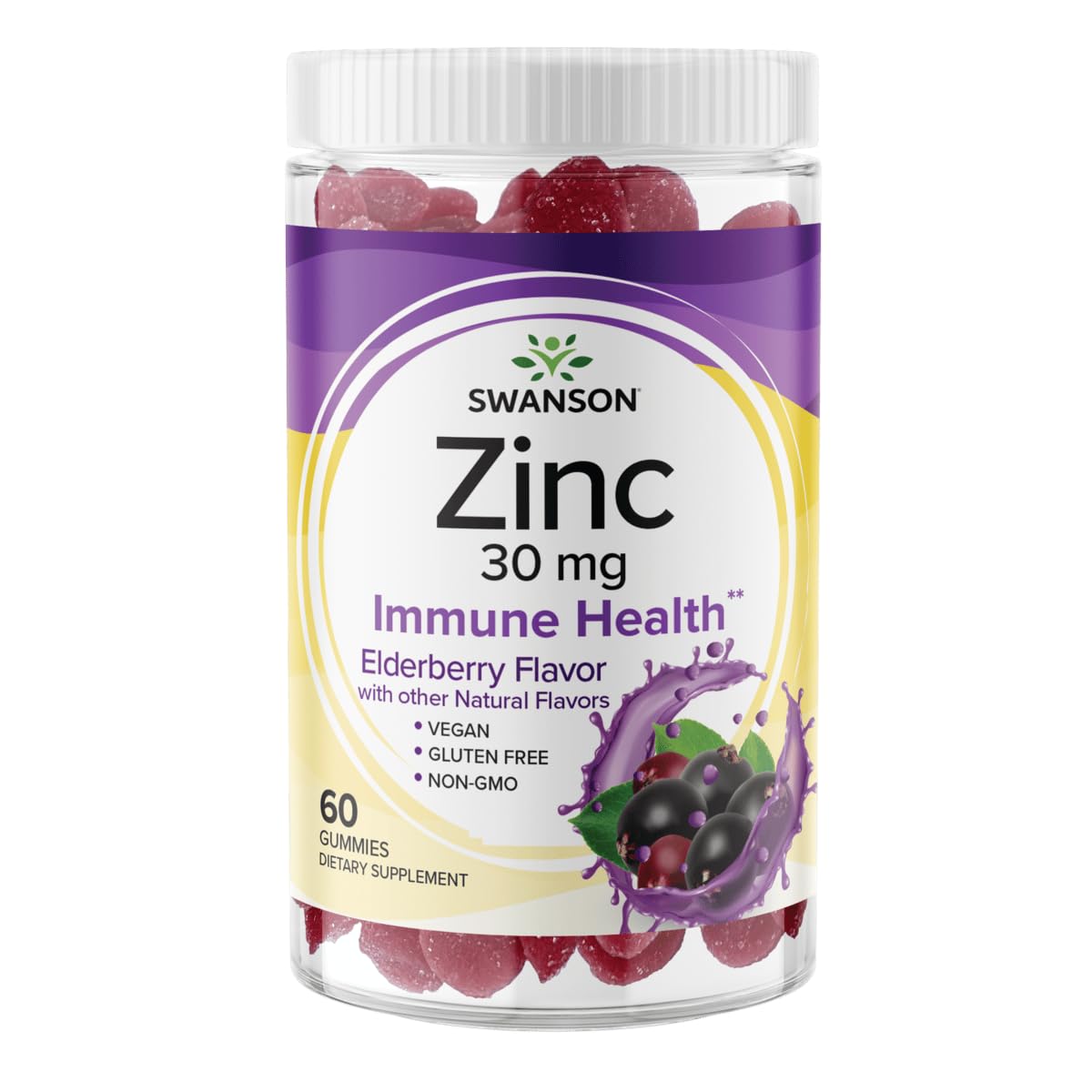 Swanson Zinc Gummies, Immune Support, Elderberry, 60 Gummies