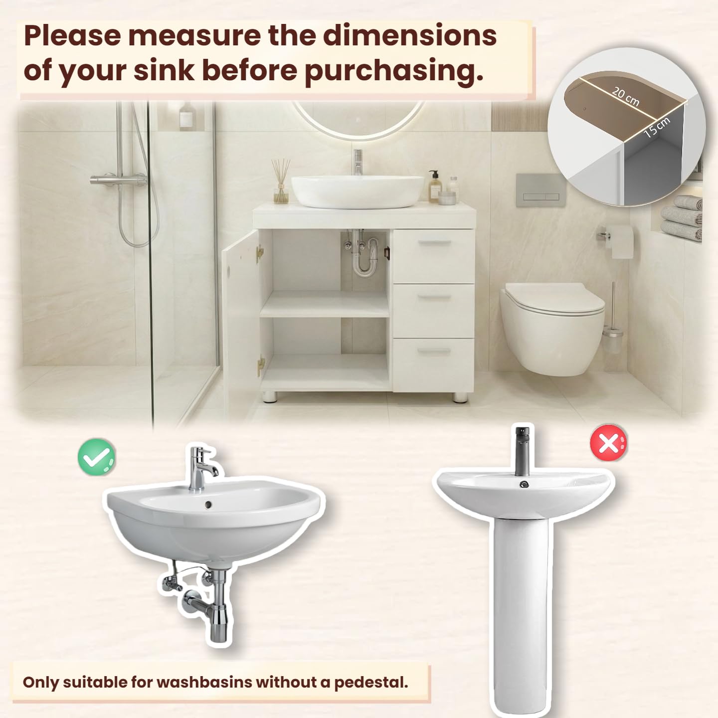 Mobile sottolavabo con 3 cassetti, 2 scomparti dietro la porta, piedi, mobiletto piccolo con ripiano regolabile, mobile da bagno, in legno, per bagno, cucina, bianco