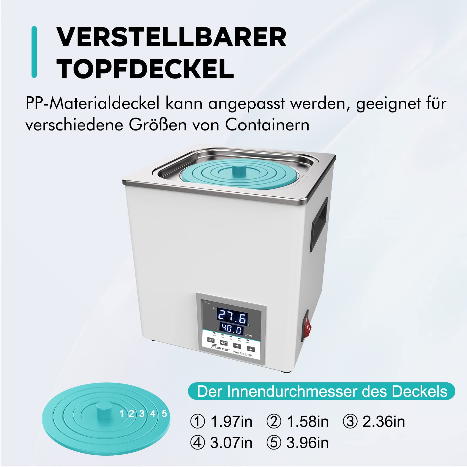 LAB FISH Laborwasserbad 3L, 300W - Einzelbohrung, Edelstahl - Präzisions-Thermostat ±0,1°C - Timer 0-999 Min - LED Display