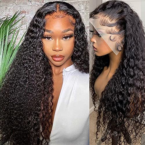 Wingirl 13x4 HD Deep Wave Lace Front Wigs Human Hair Pre Plucked with Baby Hair Transparent 180 Density Glueless Lace Frontal Human Hair Wigs for Black Women Natural Black Color(28Inch)