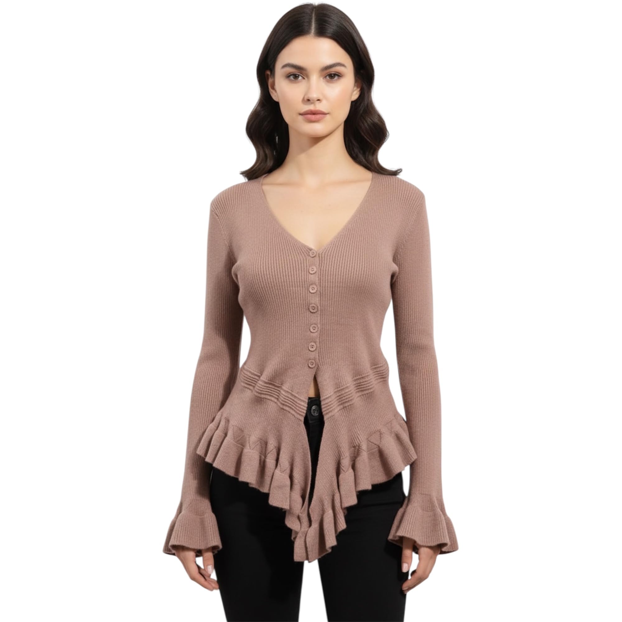 Womens Brown Ribbed Button Front Cardigan Top Single Piece Limited Availability Peplum Hem Boutique Winter Wear with Full Sleeves One of One Garment-picture-27