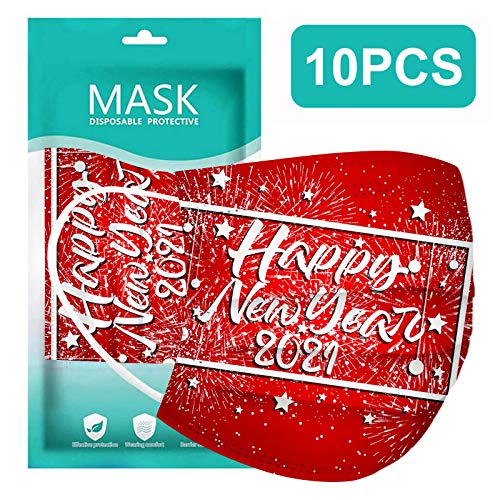 ZQP BEUU 10PCS 2021 Happy New Year Face_Mack Adult Disposable 3 Layer Face Covering Breathable Comfortable Anti-dust Skin Friendly Cotton Facial Bandanas with Elastic Earring Gift for Women Men - Image 3